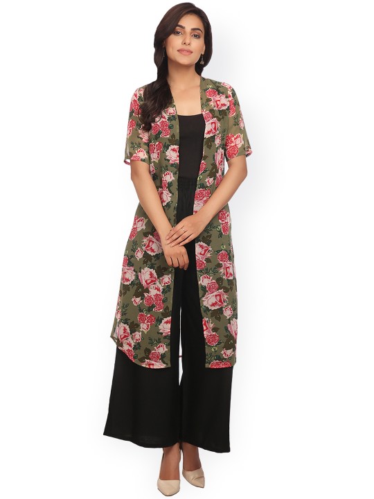 Green Printed Semi-Sheer Longline Shrug S