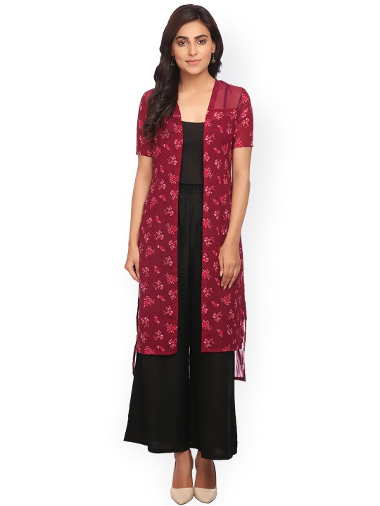 Magenta Printed Sheer Longline High-Low Shrug S