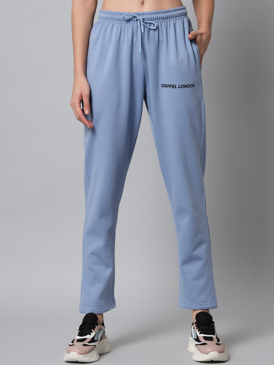 GRIFFEL Women Blue Cotton Solid Track Pant