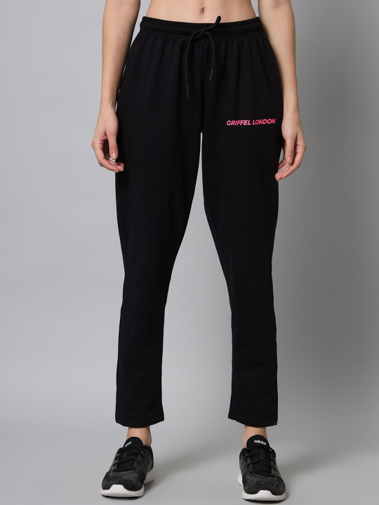 GRIFFEL Women Black Cotton Solid Track Pant