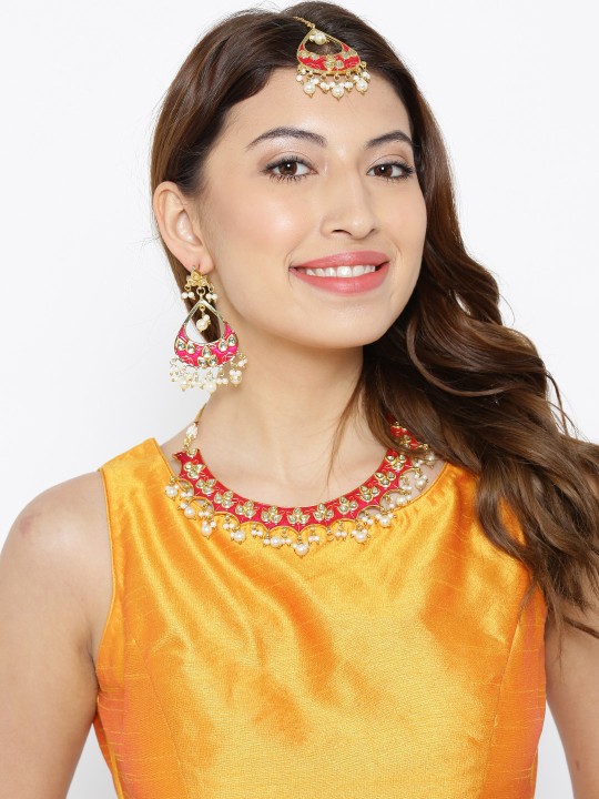 Pink & Off-White Beaded Stone-Studded Jewellery Set
