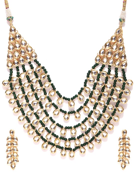 Gold-Toned & Green Stone-Studded Beaded Jewellery Set