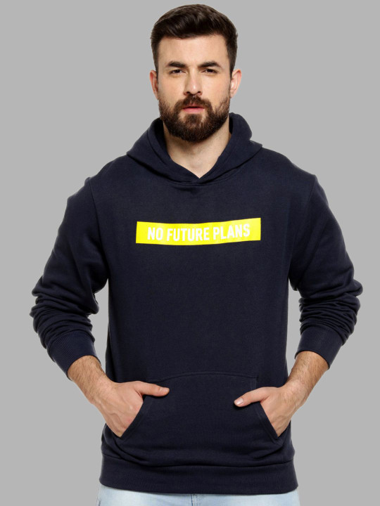 Campus Sutra Men Blue Printed Hooded Cotton Sweatshirt