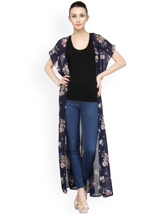 Navy Blue Printed Longline Shrug XS