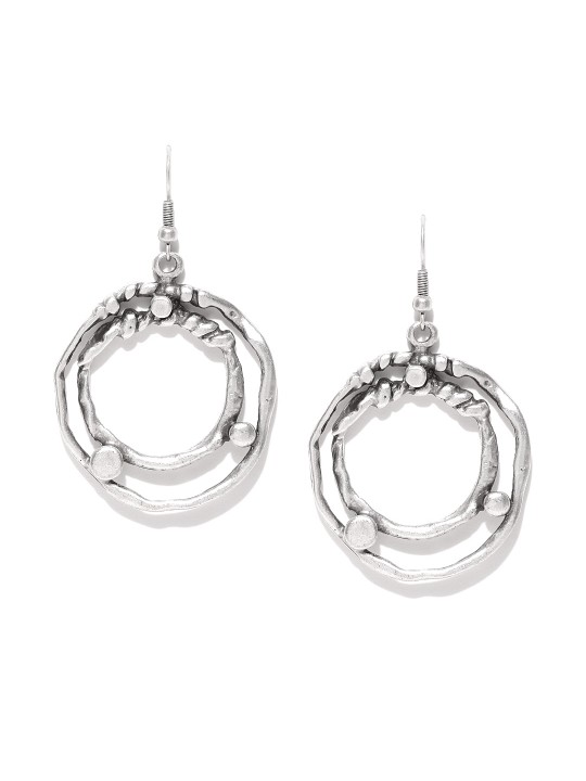 Oxidised Silver-Toned Cut-Out Handcrafted Drop Earrings