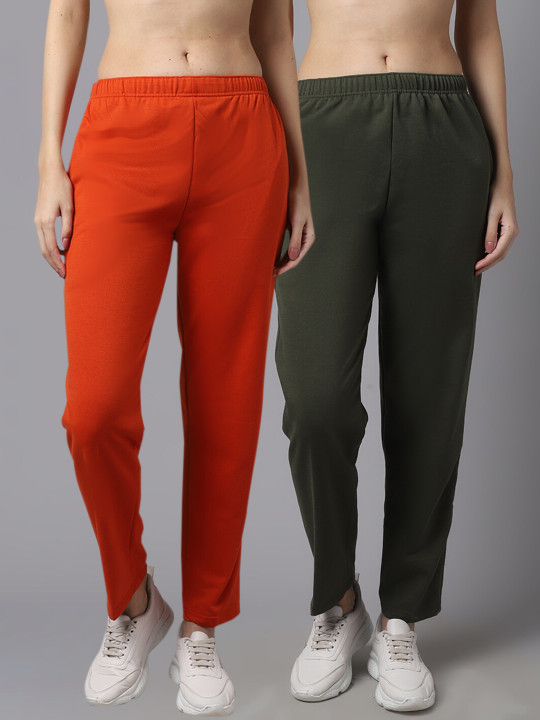 MACK JONNEY Women Pack Of 2 Orange & Olive Green Solid Pure Cotton Track Pants