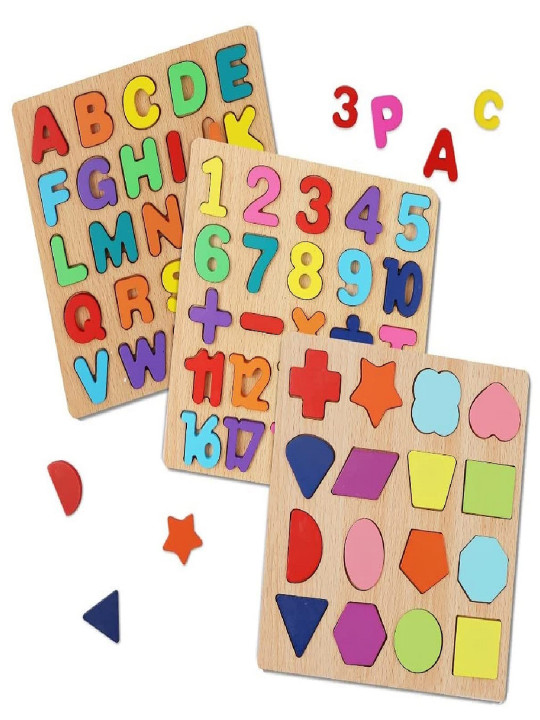 Kids Set of 3 Brown Wooden Learning Board Alphabets, Numbers & Shapes Puzzle Toys