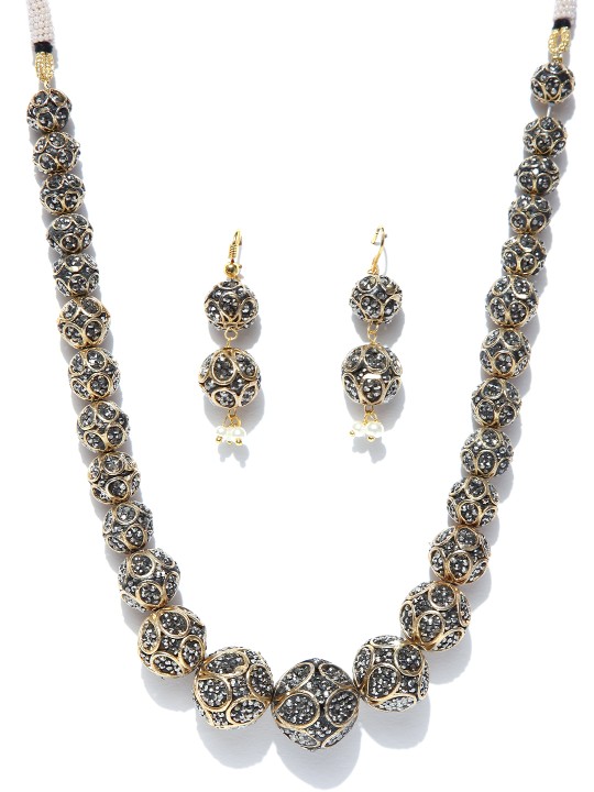 Charcoal Grey Gold-Plated Stone-Studded Jewellery Set