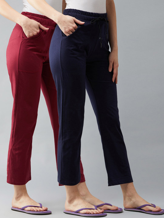 Blinkin Women Pack Of 2 Maroon & Navy Blue Solid Cotton Relax-Fit Track Pants
