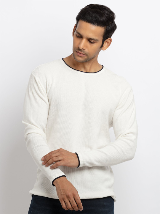 Status Quo Men Off White & Black Cotton Pullover