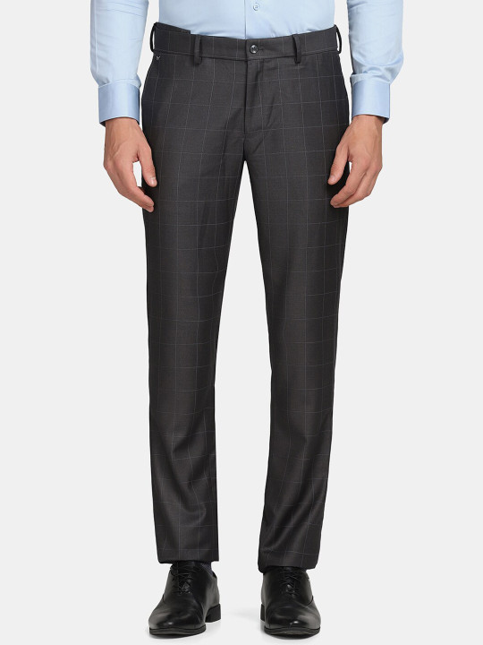 Blackberrys Men Charcoal Checked Slim Fit Formal Trouser