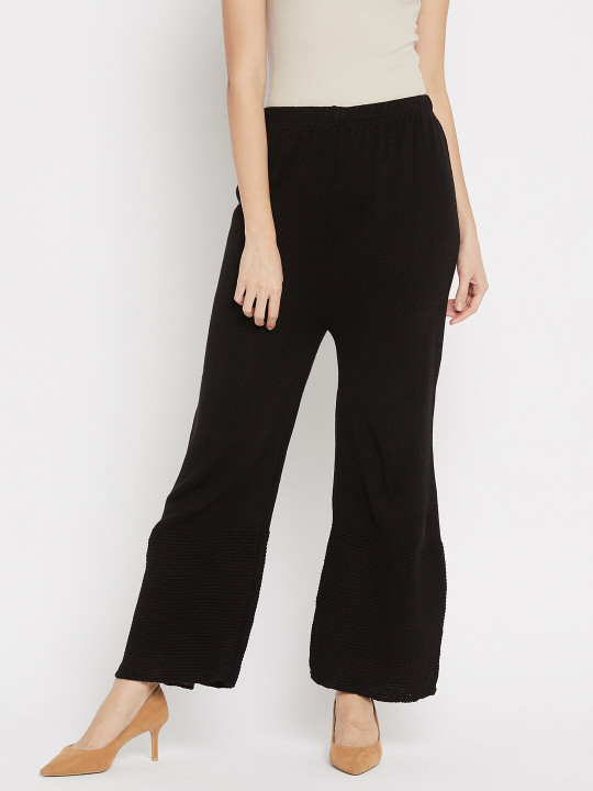 Clora Creation Women Black Solid Knitted Woolen Palazzos