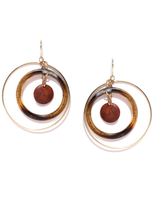 Gold-Toned & Brown Circular Drop Earrings