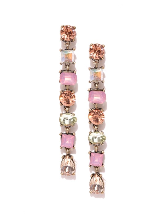 Antique Gold-Toned & Pink Stone-Studded Drop Earrings