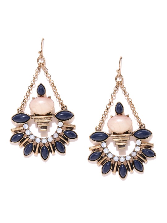 Antique Gold-Toned & Navy Blue Stone-Studded Drop Earrings