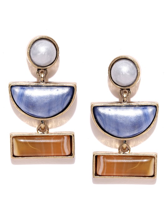 Blue & Brown Stone-Studded Geometric Drop Earrings