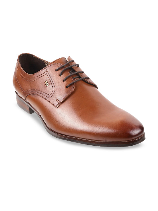 DAVINCHI Men Tan Solid Leather Formal Derby Shoes
