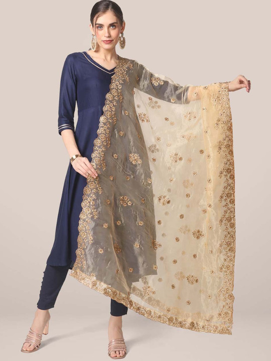 Dupatta Bazaar Women Gold-Toned Embroidered Organza Dupatta with Beads and Stones