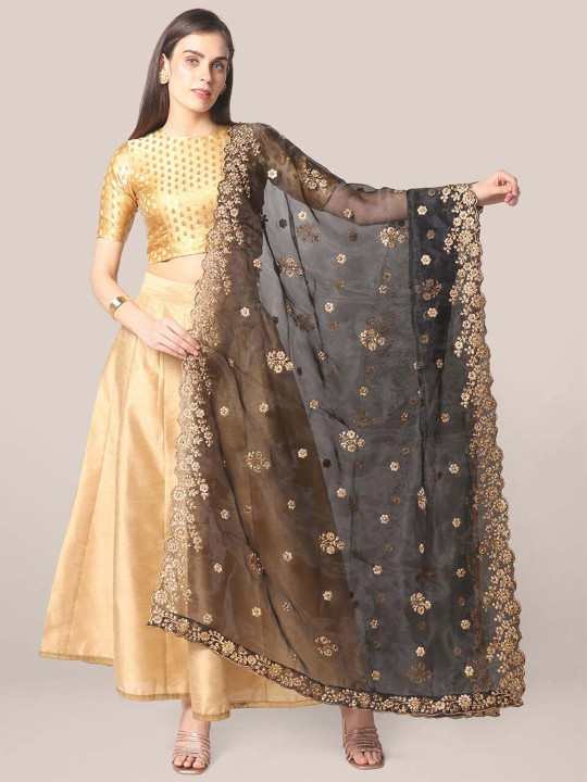 Dupatta Bazaar Black & Gold-Toned Embroidered Organza Dupatta with Beads and Stones