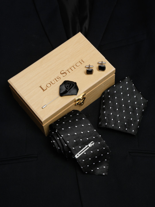 LOUIS STITCH Men's Raven Black Italian Silk Necktie Accessory Gift Set