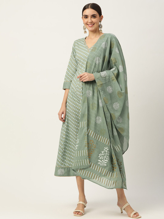 Maaesa Women Green Printed Ethnic Maxi Dress With Dupatta