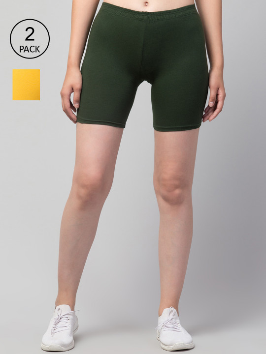Apraa & Parma Women Pack of 2 Yellow and Olive Green Cotton Cycling Sports Shorts
