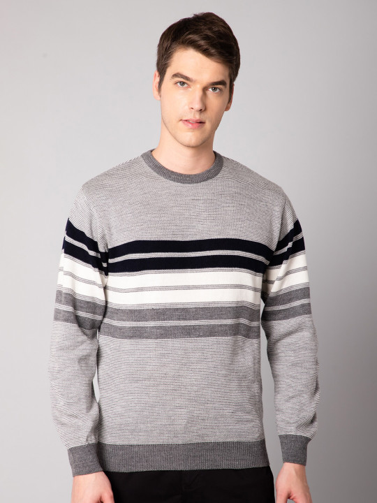 Cantabil Men Grey Melange Striped Long Sleeves Fashion