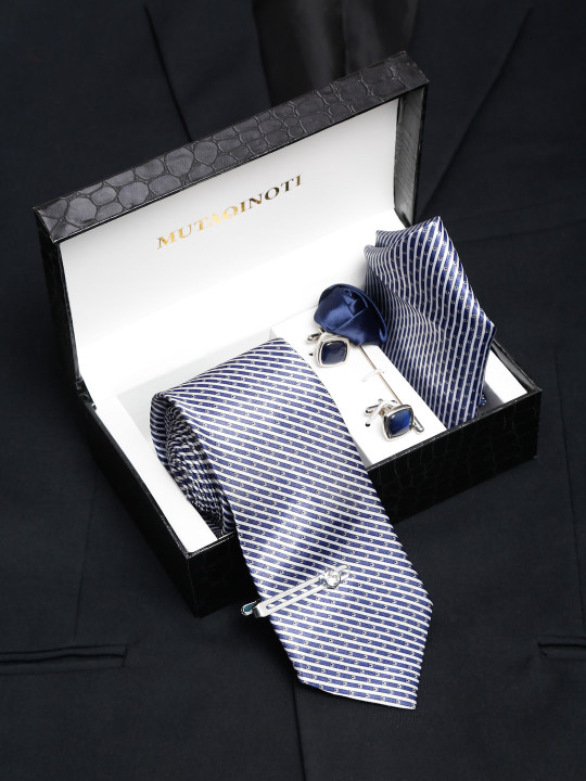 MUTAQINOTI Men Striped & Printed Silk Blend Necktie Accessory Gift Set