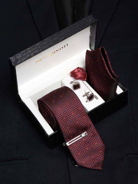MUTAQINOTI Men Checkered Rosewood Silk Necktie Accessory Gift Set