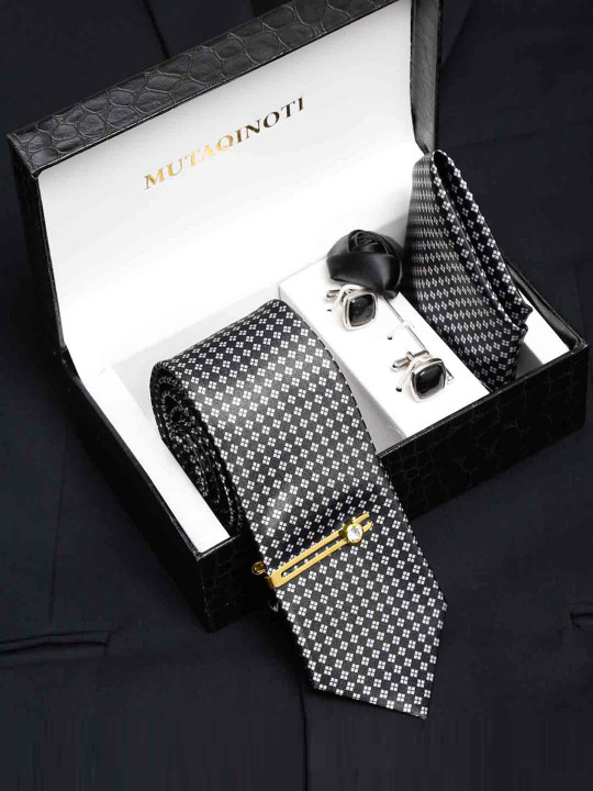 MUTAQINOTI Men Geometric Print Silk Blend Necktie Accessory Gift Set