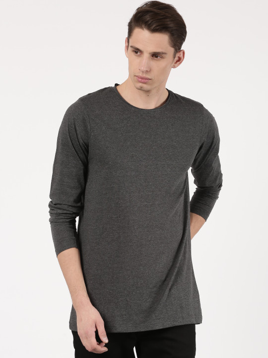 Men Charcoal Grey Round Neck Longline T-shirt XL