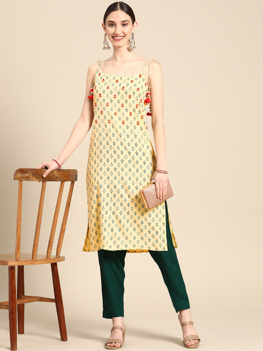 Sangria X fwd Women Yellow Floral Embroidered Sequinned Kurta with Trousers