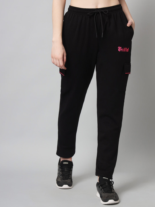 GRIFFEL Women Black Solid Cotton Track Pant