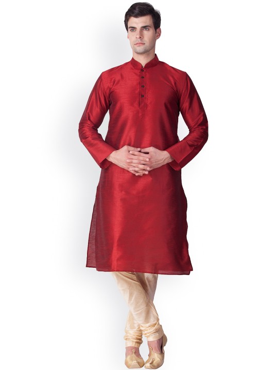 Men Red & Beige Solid Kurta with Pyjamas M
