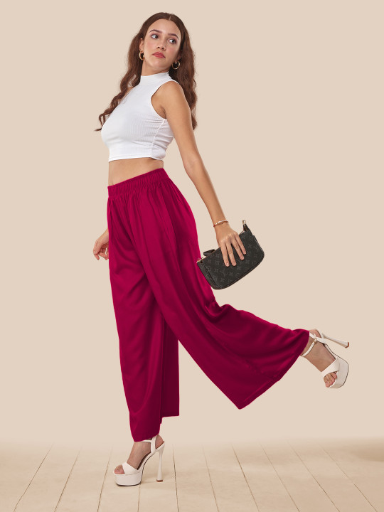 LYRA Women Magenta Cotton Flared Knitted Palazzos