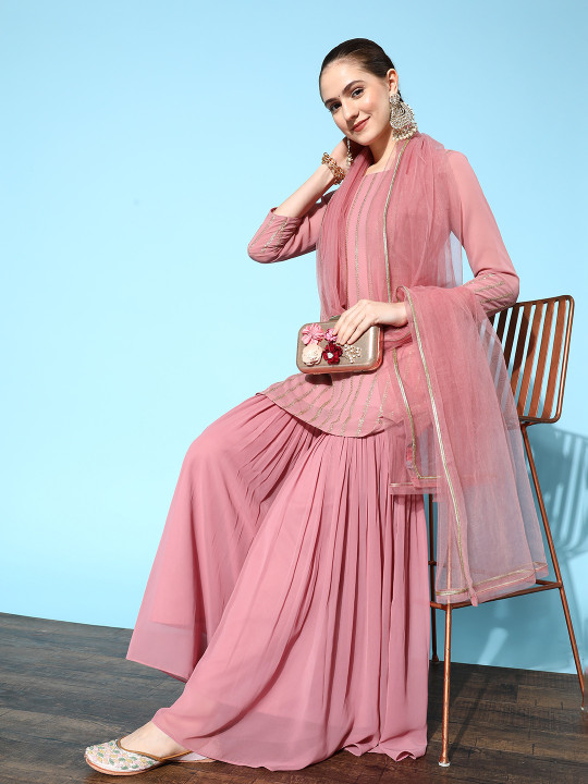Inddus Women Pink Embroidered Kurti with Sharara & With Dupatta