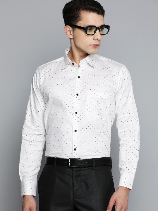 DENNISON Men White Smart Polka Dots Printed Formal Shirt