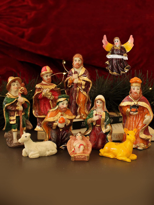TIED RIBBONS Red & Orange 10 Pcs Christmas Miniature Nativity Crib Ornament Gift Pack