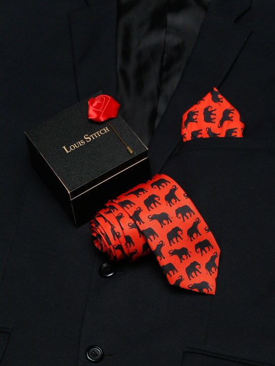 LOUIS STITCH Men Red Printed Italian Silk Accessory Gift Set