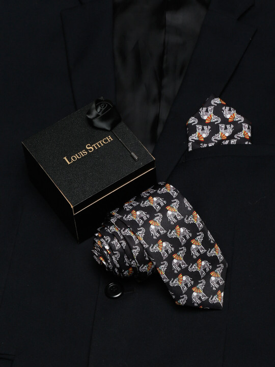 LOUIS STITCH Men Black Printed Italian Silk Formal Tie Gift Set