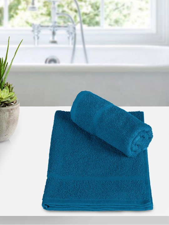 Bedspun Pack Of 2 Teal Solid 350 GSM Cotton Hand Towel