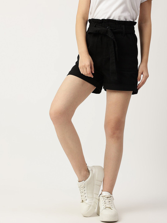 Marks & Spencer Women Black Checked High-Rise Cotton Shorts