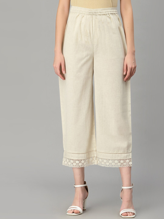 QOMN Women Off White Pure Cotton Palazzos