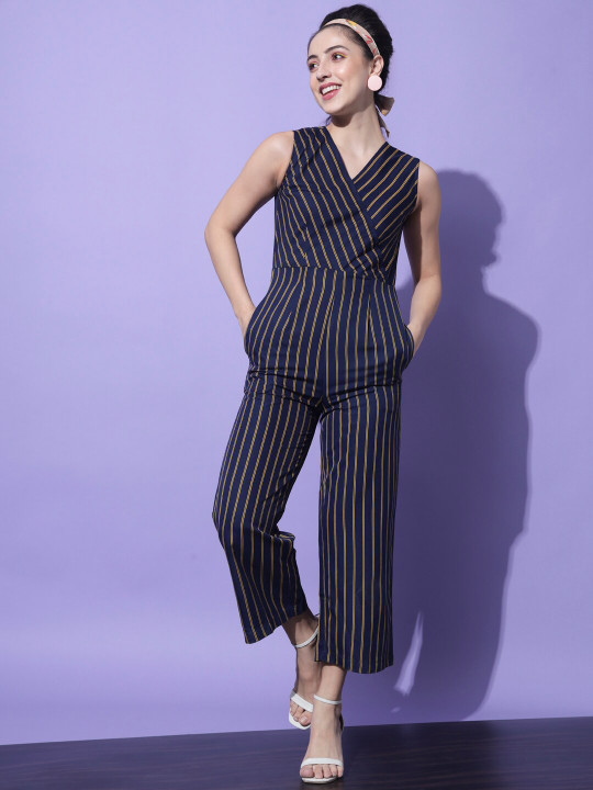 Slenor Navy Blue & Yellow Striped Basic Jumpsuit