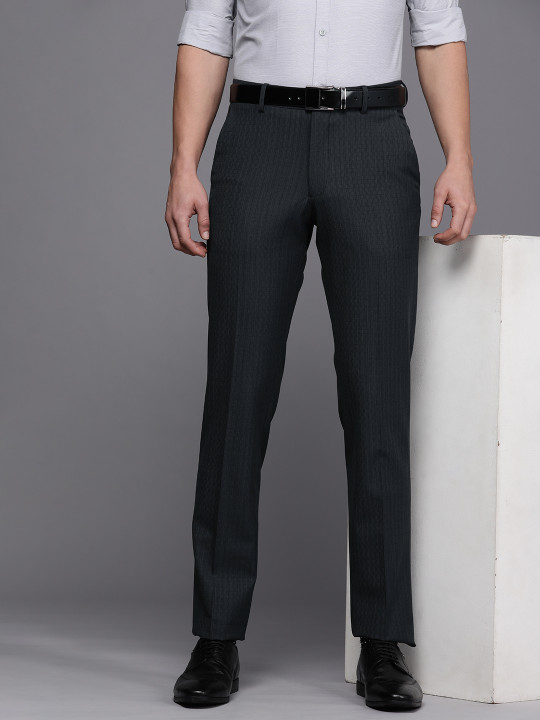Louis Philippe Men Charcoal Grey Checked Slim Fit Formal Trousers