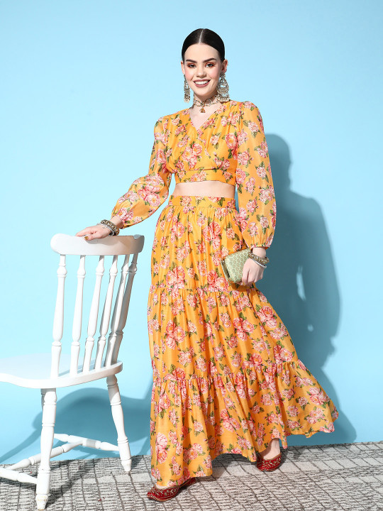 Shae by SASSAFRAS Women Yellow & Green Printed Ready to Wear Lehenga Choli