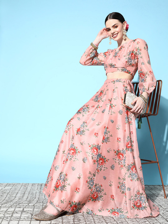 Shae by SASSAFRAS Women Peach-Coloured & Red Printed Ready to Wear Lehenga Choli