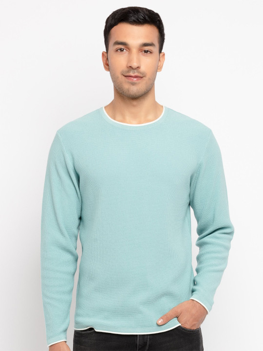 Status Quo Men Sea Green & White Solid Acrylic Pullover