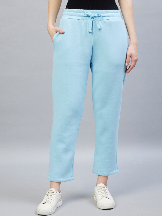 DELAN Women Blue Solid Cotton Regular Fit Track Pants