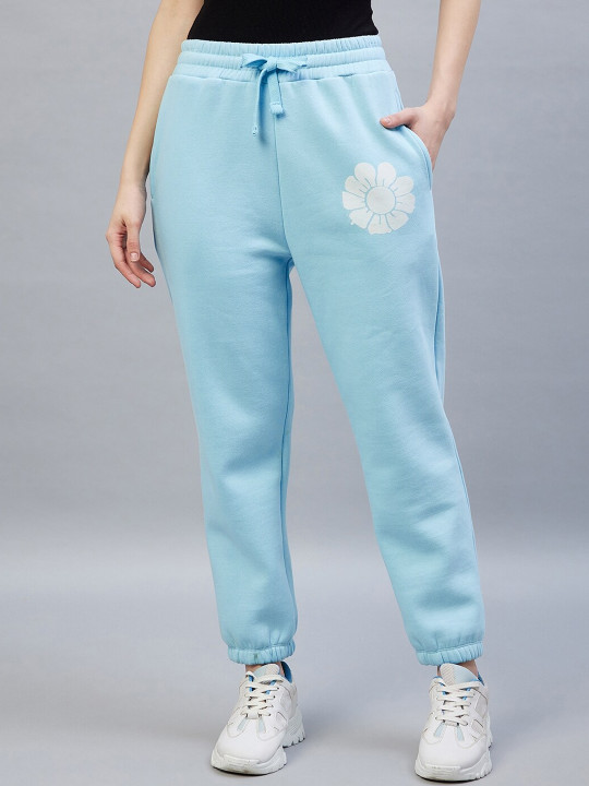 DELAN Women Turquoise Blue Printed Cotton Regular Fit Joggers